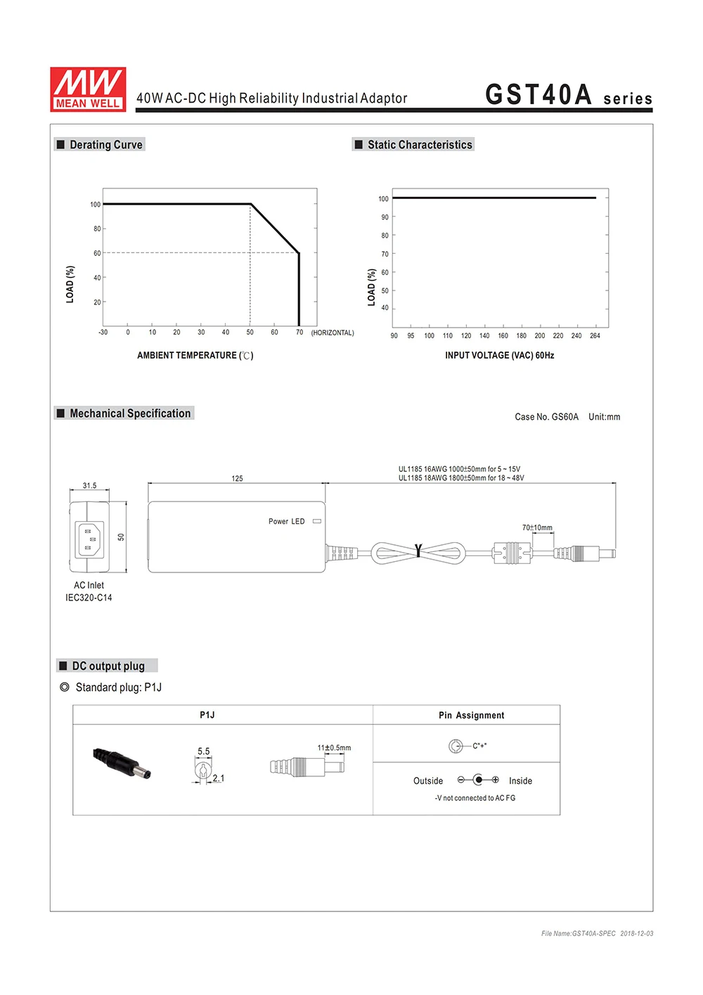 GST40A05-P1J означает, что хорошо промышленный рабочий стол адаптер 110 V/220 V AC до 5V DC 5A 25W Meanwell уровень VI адаптер импульсный источник питания