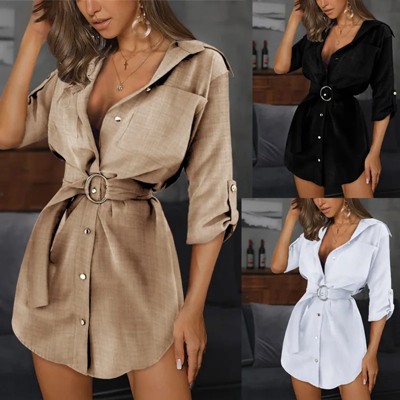 

New Summer Women Lapel Neck Belted Irregular Dress Office Lady Career Style Dresses Elegant Turn-down Office Mini Ol Belt Dress