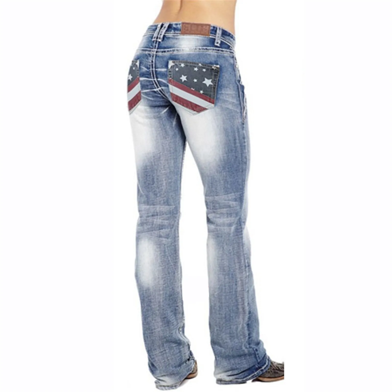 

American Flag Stretch Washed Bootcut Women Jeans Slim Straight Pants Casual High Waist Denim Trousers for Women d88