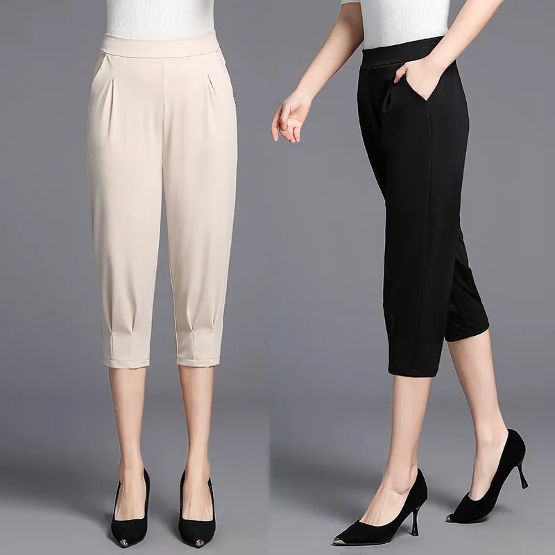 

Women Calf Length Pants 2020 Summer Elastic Waist Casual Cropped Pants Middle-aged Female Stretch Harem Trousers Plus Size 5XL