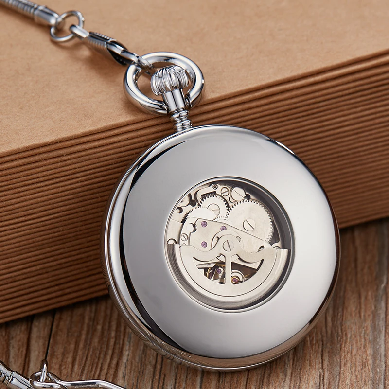 Luxury Sliver Mechanical Pocket Watch Skeleton Roman Numerals Dial Quality Engraved Case Fob Chain Clock for Men Dropshipping