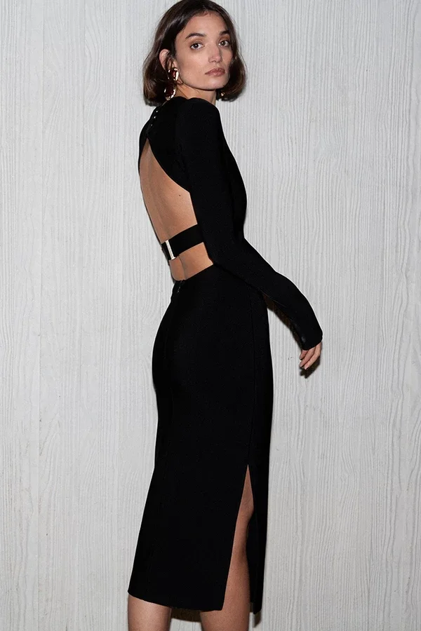 

kleezy lady backless black sexy long sleeve women bandage dress bodycon pencil winter party black club dress Vestidos