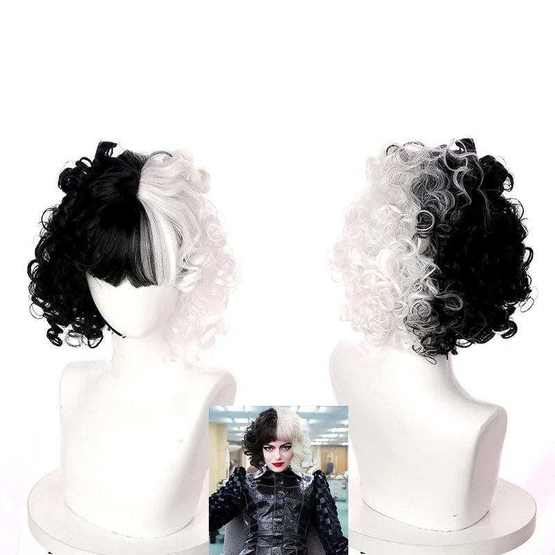 

New CRUELLA De Vil Cosplay Wig Half White Half Black Synthetic Short Wavy Wigs With Bangs For Women Heat Resistant Natural Hair