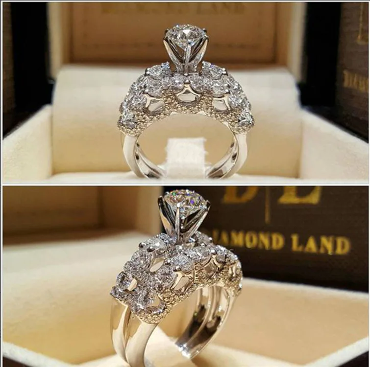 

2pcs / Set Elegant Ladies Fashion Jewelry Luxury Zircon Silver Plated Ring Anniversary Party Bride Wedding Ring Size 6-10