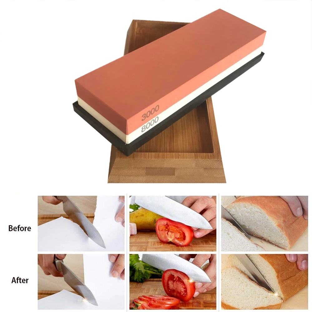 

Knife Sharpening Stone Sharpener 2 Side Grit 3000/8000 Whetstone with Non-slip Silicon Holder Bamboo Base Tool Kit for Kitchen