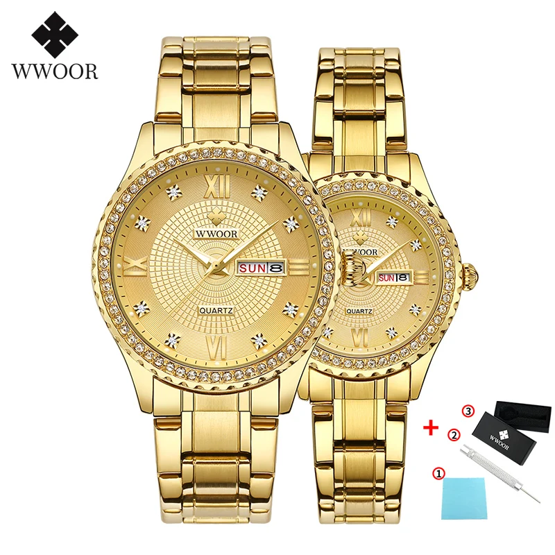 full gold WWOOR модные часы для влюбленных, мужские и женские часы, кварцевые часы из нержавеющей стали, ЖЕНСКИЕ НАРЯДНЫЕ часы, часы для пар, подарки, parejas - Цвет: full gold