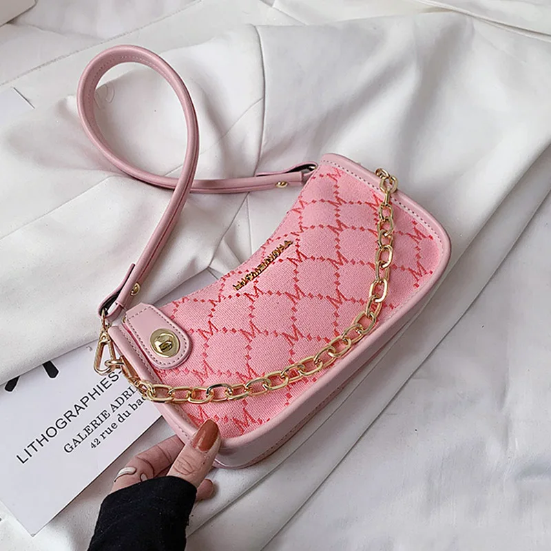 

Shoulder Bags for Women 2021 Luxury Designer Handbag Girl Fashion Shopper Embroidered Letter Plaid Chain PU Leather Baguette Bag