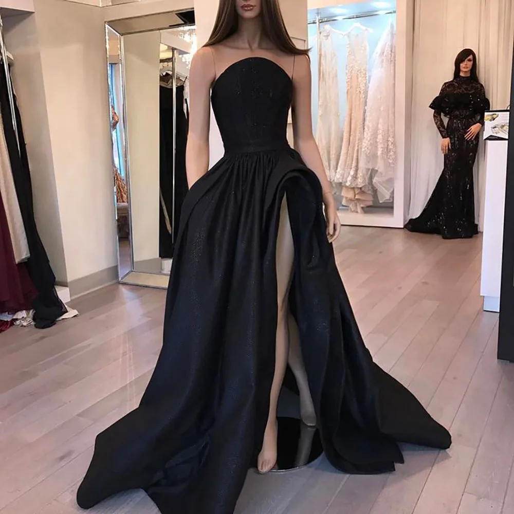 

Strapless Black Prom Dresses Ball Gown Sweep Train High Slit Satin Sexy Party Maxys Long Prom Gown Evening Dress Robe De Soiree