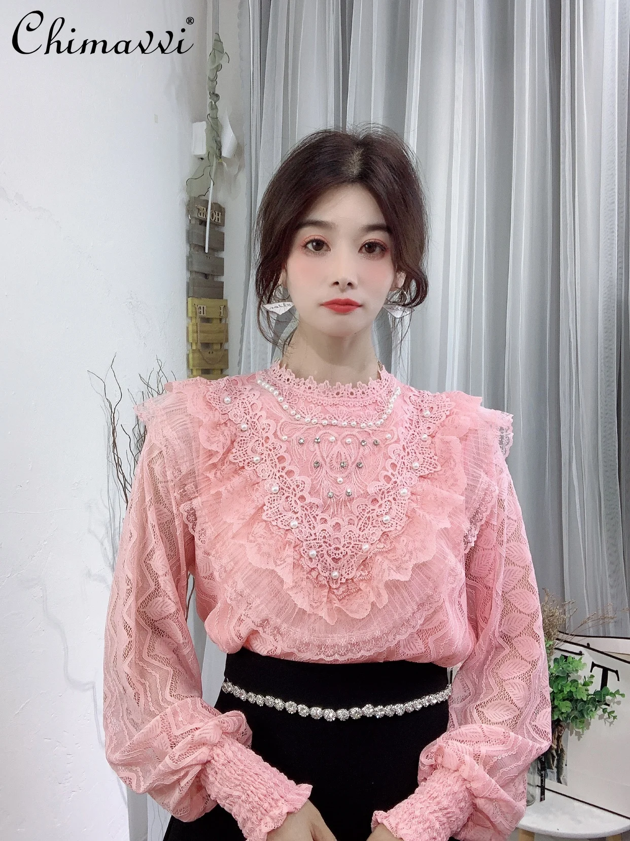 

Женский кружевной корсет с оборками, элегантная Однотонная рубашка в Корейском стиле с воротником-стойкой и длинными рукавами, лето 2019