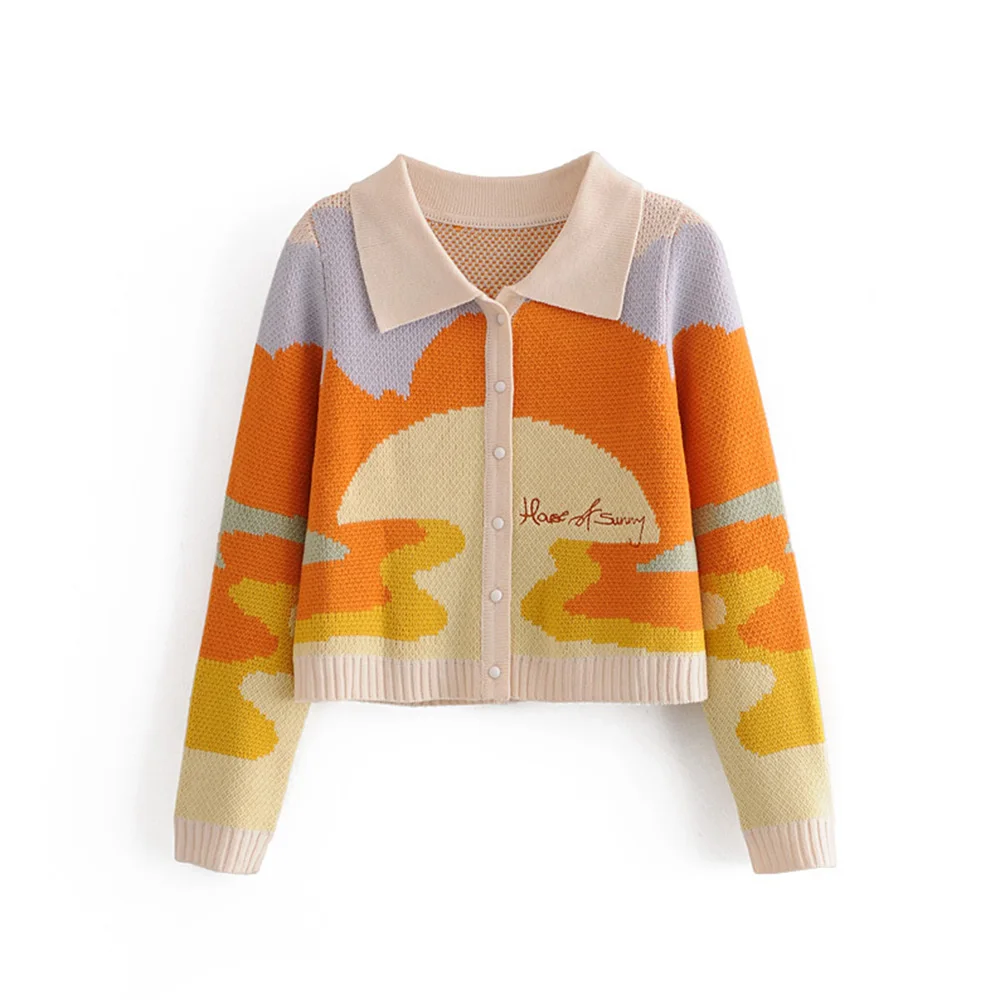 

New Spring Women Sweater Colourful Patchwork Cardigan Button Turn-Down Collar Long Sleeve Sweater Fashion Casual Female Tops