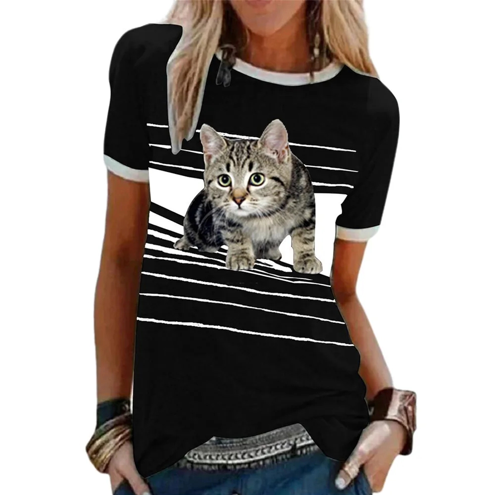 

Print Spliced Short-sleeved New Striped Cat T-shirt Patchwork Casual O-neck Summer 2021 T-shirt for Women Fashion Ladies Tops