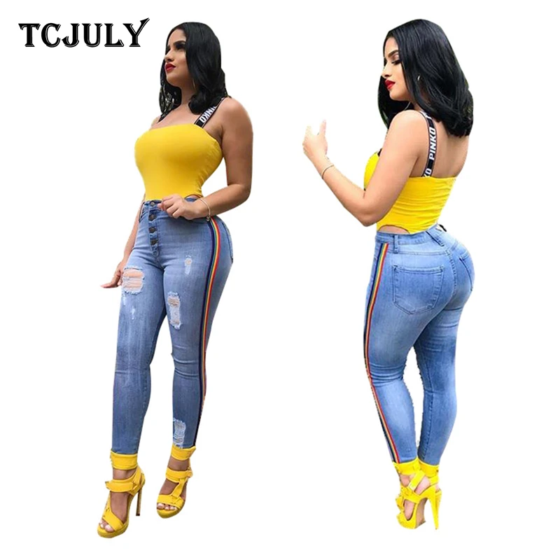 TCJULY модные Лоскутные рваные джинсы с боковыми полосками для женщин обтягивающие