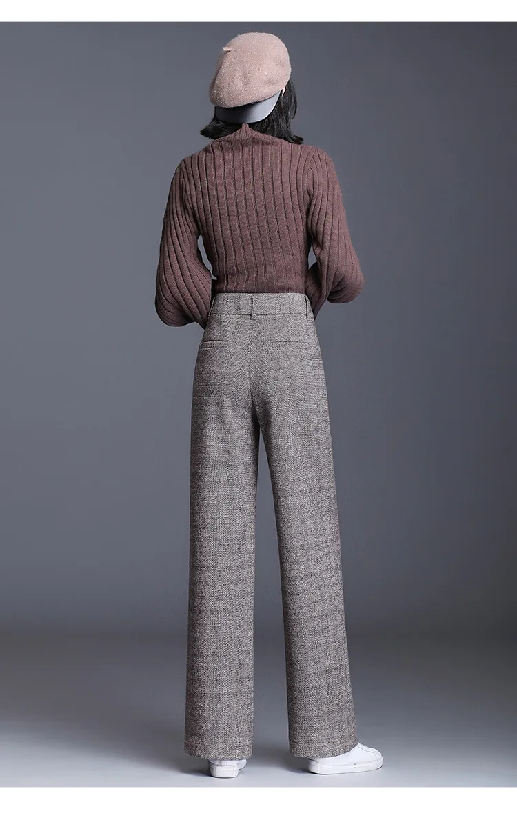 

Women High Waist Plus Size Thick Woolen Wide Leg Pants Office Lady Elegant Chic Loose Casual Straight Mom Trousers Winter 8718