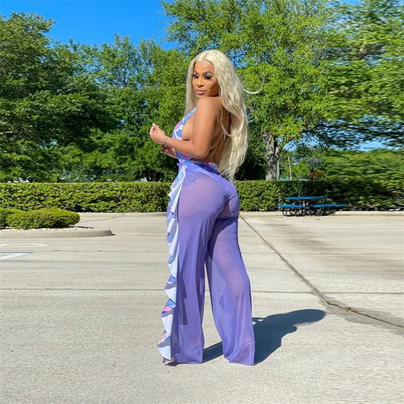 

Women Fashion Print Two Piece Swimwear Sexy Deep V Neck Bodysuit and Mesh Ruffle Trouser Set See Through Cover Up Pants