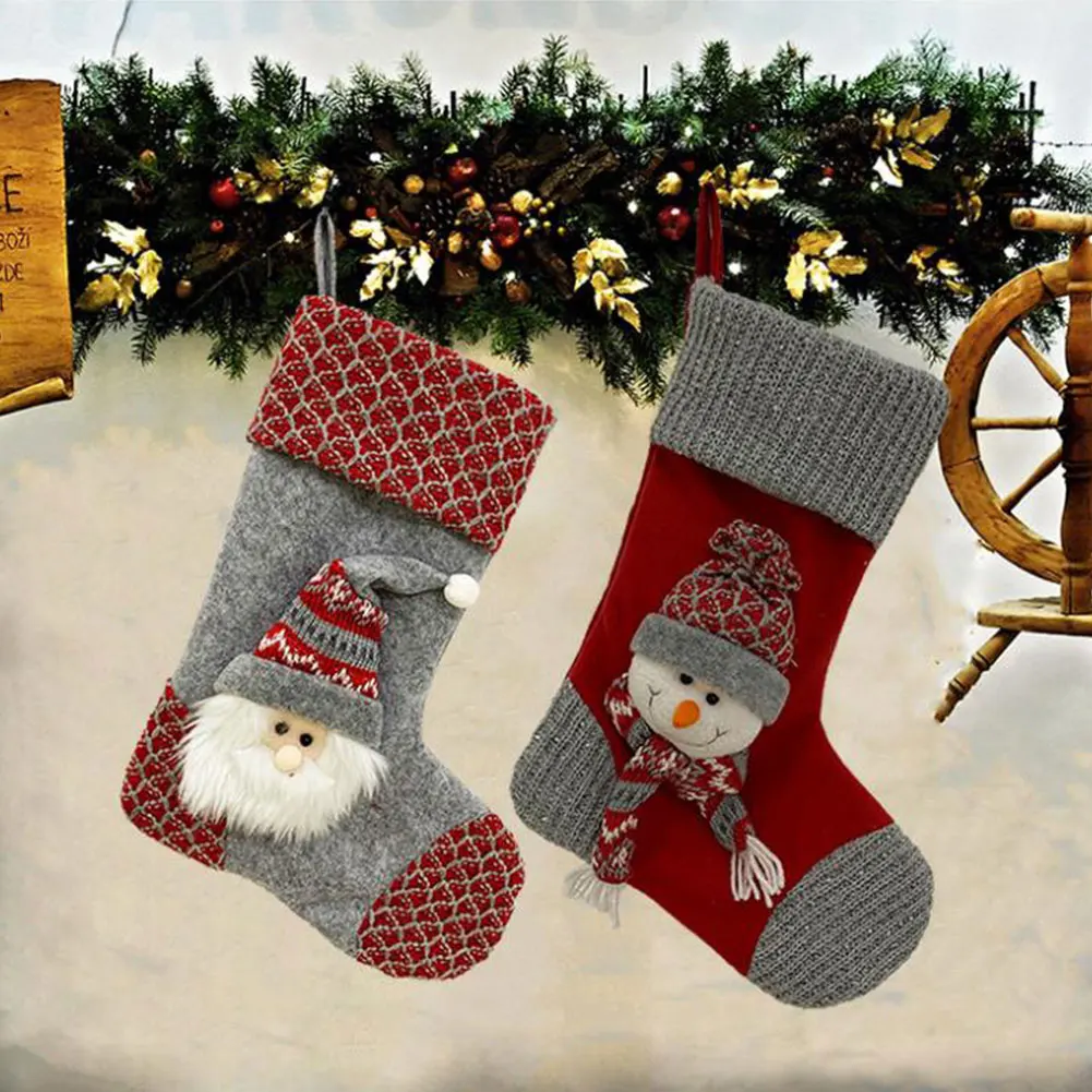 

2020 Christmas Stockings 3D Snowman Design Fireplace Hanging Stockings for New Large Red Grey