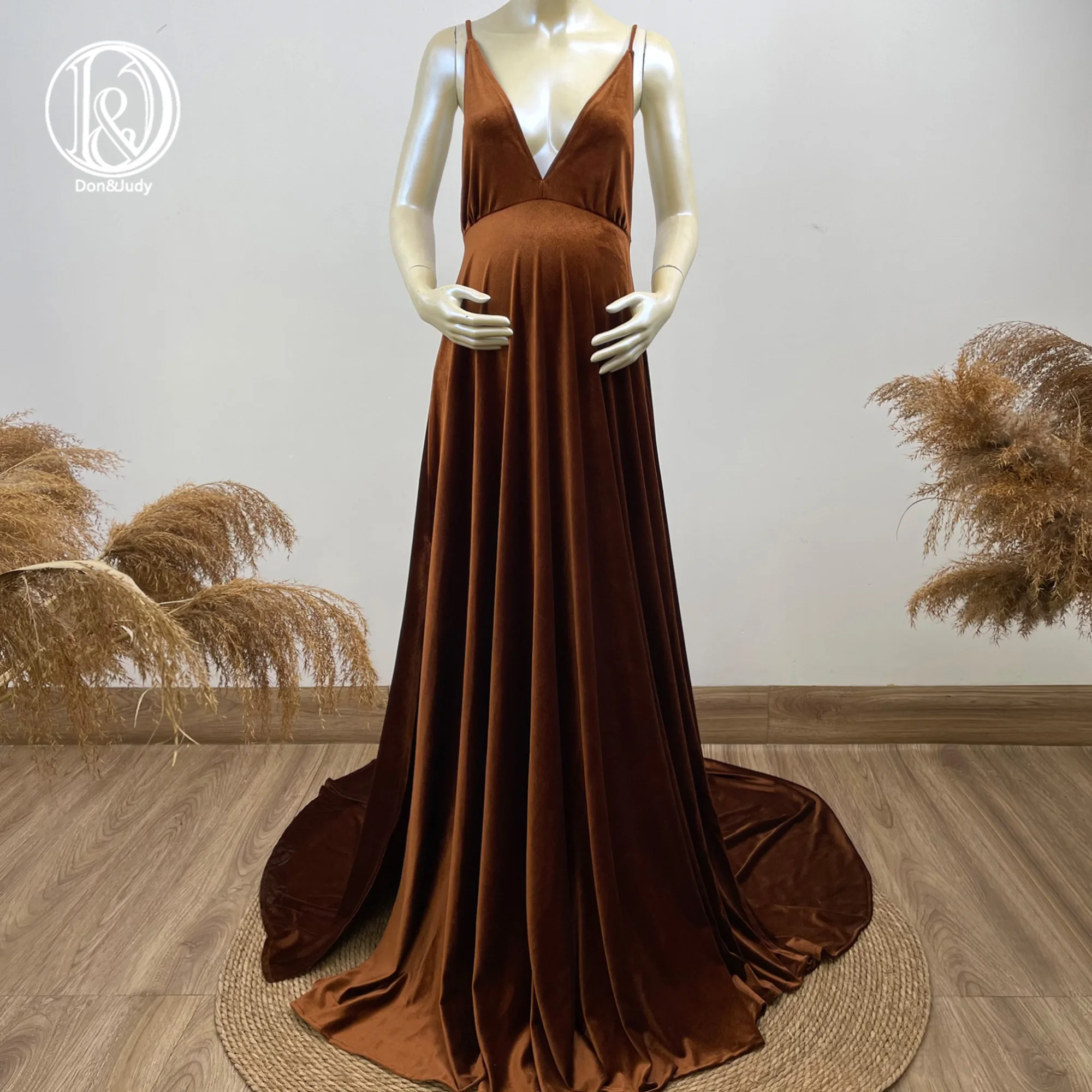 Don&Judy 2021Velvet Deep V Slip Maternity Long Dress Photo Shoot Robe Evening Party Prom Photography Pregnancy Woman Clothes