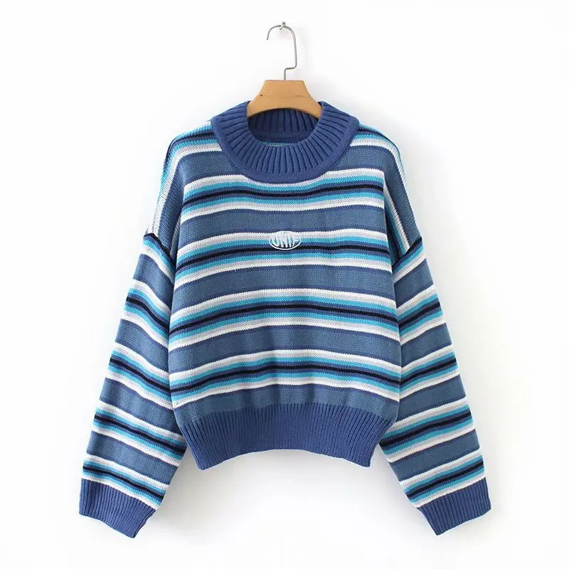 2020 spring new sweater women's top classic blue Vintage stripe wide sleeve embroidery round neck | Женская одежда