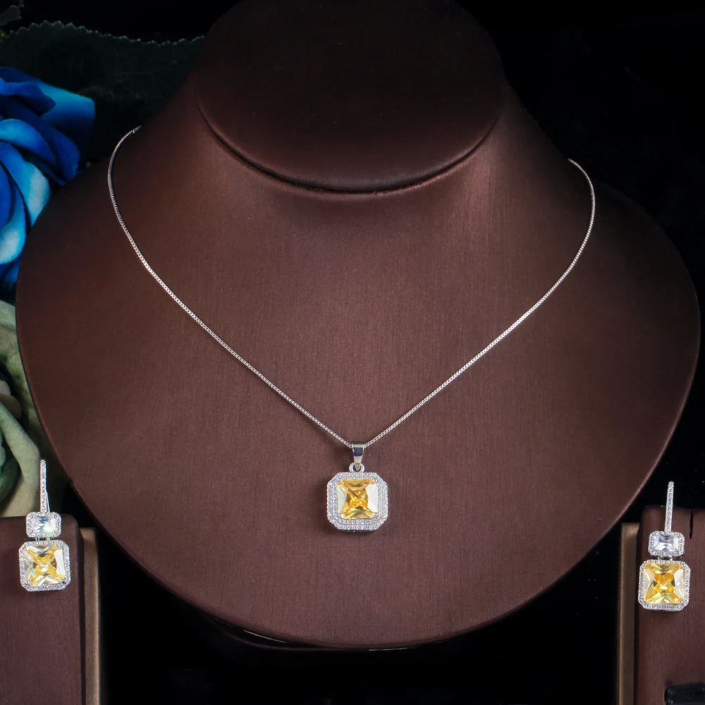 

ThreeGraces Unique Yellow Cubic Zirconia Square Dangle Earrings and Pendant Necklace Set for Ladies Fashion Party Jewelry JS526