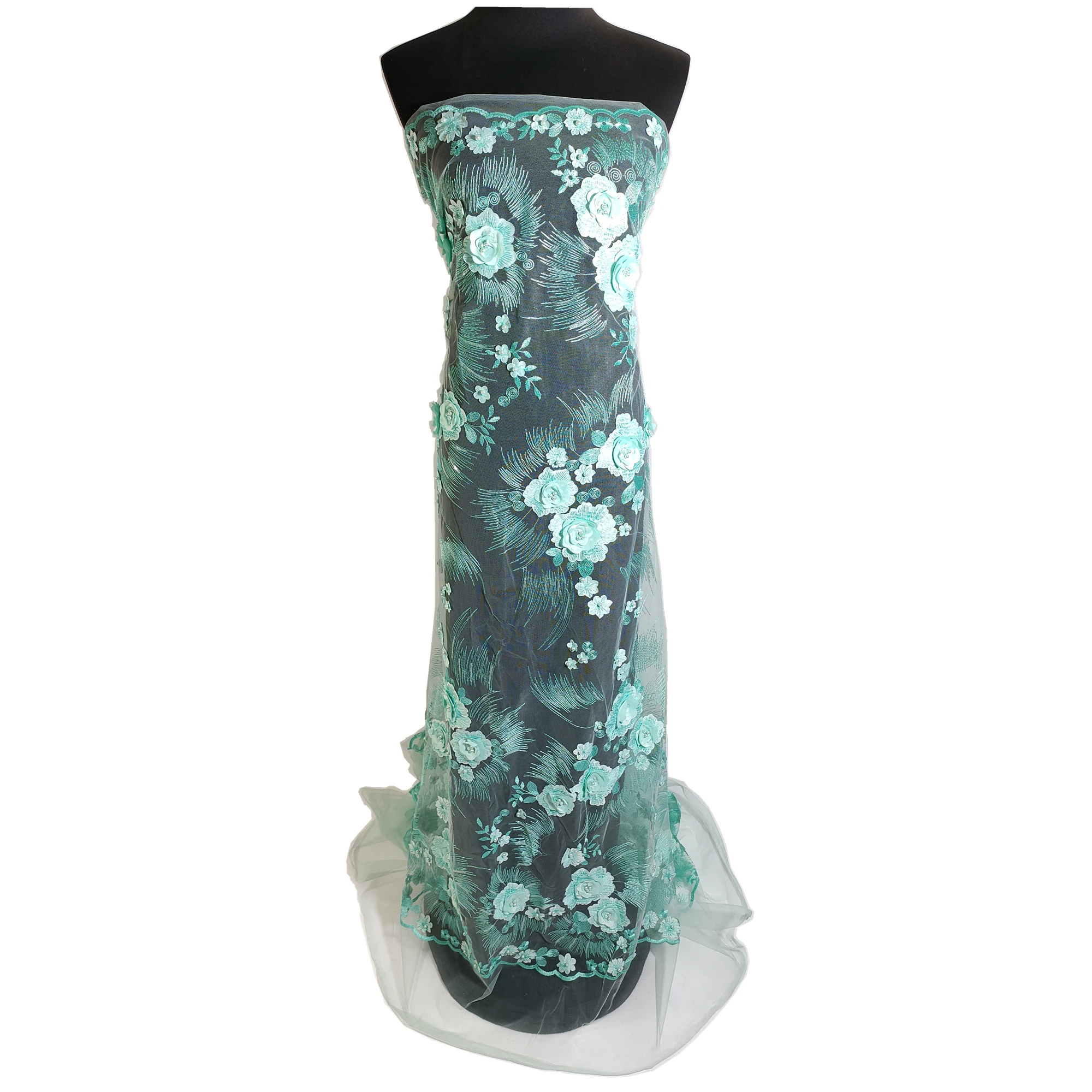 3D French Lace Fabric Mint Green Net Beaded Sequins Flowers Fabrics Luxury Evening Dress Aqua Tulle | Дом и сад