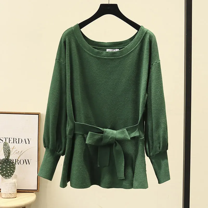 Осенние женские свитера модные однотонные с поясом длинным рукавом вязаные