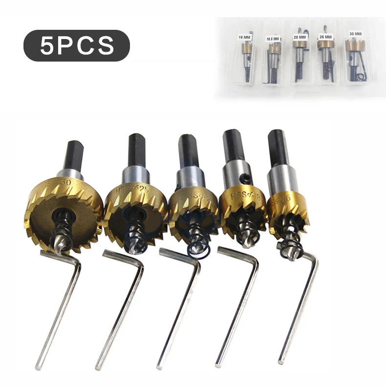 5pcs 16/18.5/20/25/30mm Carbide Tip Titanium HSS Drill Bit Hole Saw Set Stainless Steel Metal Alloy Punch Hole Woodworking Tools