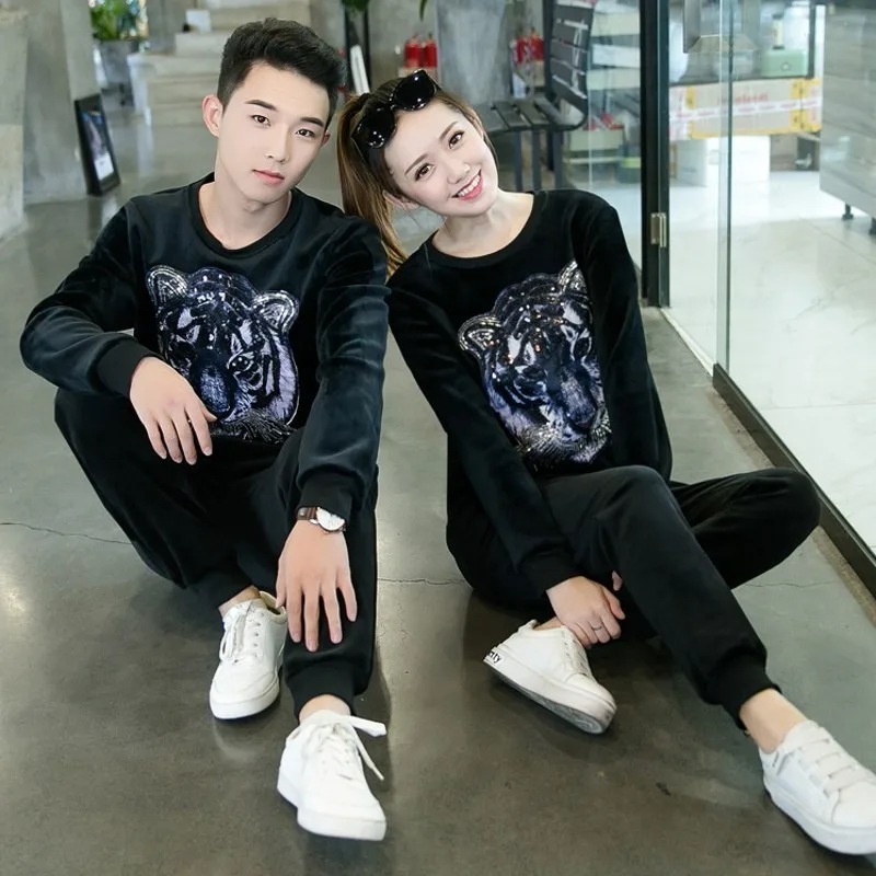 

Couple Velvet Animal Printed Thick Casual Sport 3Pcs Outfits Long Sleeve Hooded Sweatshirt Stand Collar Vests Full Length Pants