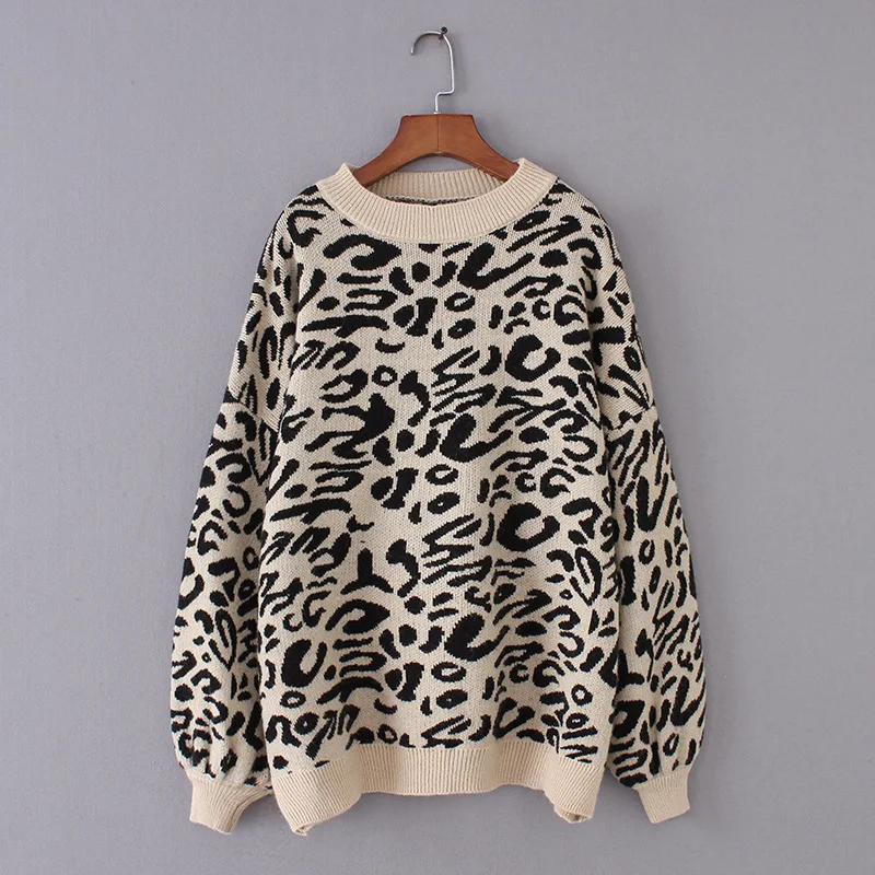 

Casual Tops Oversized Sweater Sweater Women Turtleneck Leopard Knitted Sweater Animal Print Winter Thick Female Pullovers