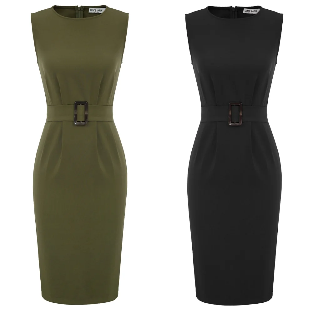 GK slim dresses Women Sleeveless crew collar Belt Decorated Back Split Hips-Wrapped Bodycon dress Pencil fit sexy elegant Dress