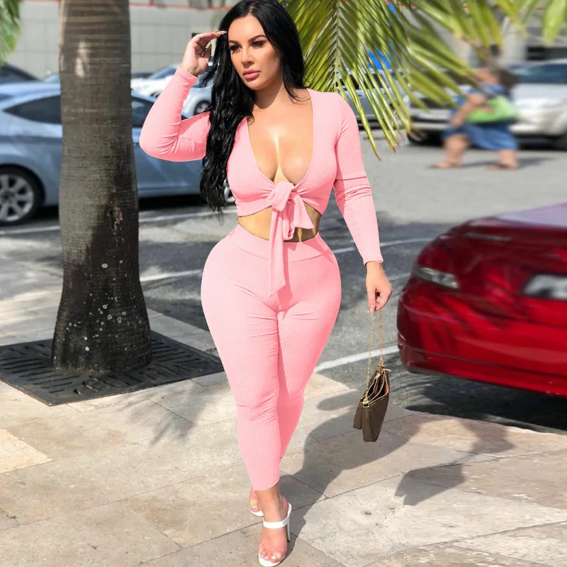 

Autumn Women Clothes Sets Stretchy Set Long Sleeves Trousers Exposed Navel V-neck Bow 2021 Spring Clothing
