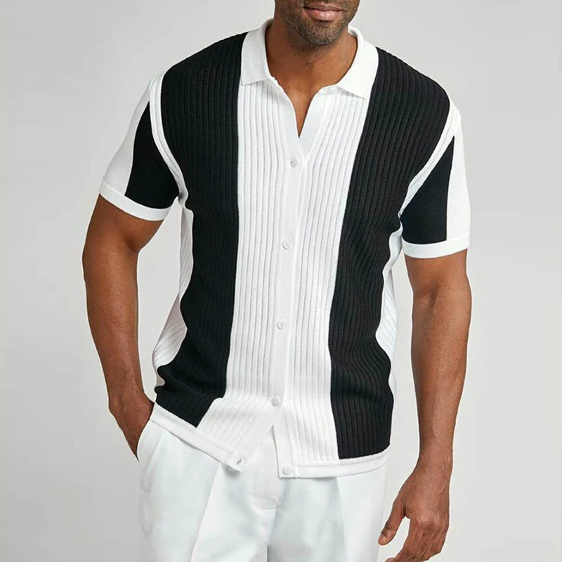 

Vintage Patchwork Knitted Shirt For Men 2021 Casual Loose Short Sleeve Shirts Summer Mens Fashion Buttoned Lapel Tops Streetwear