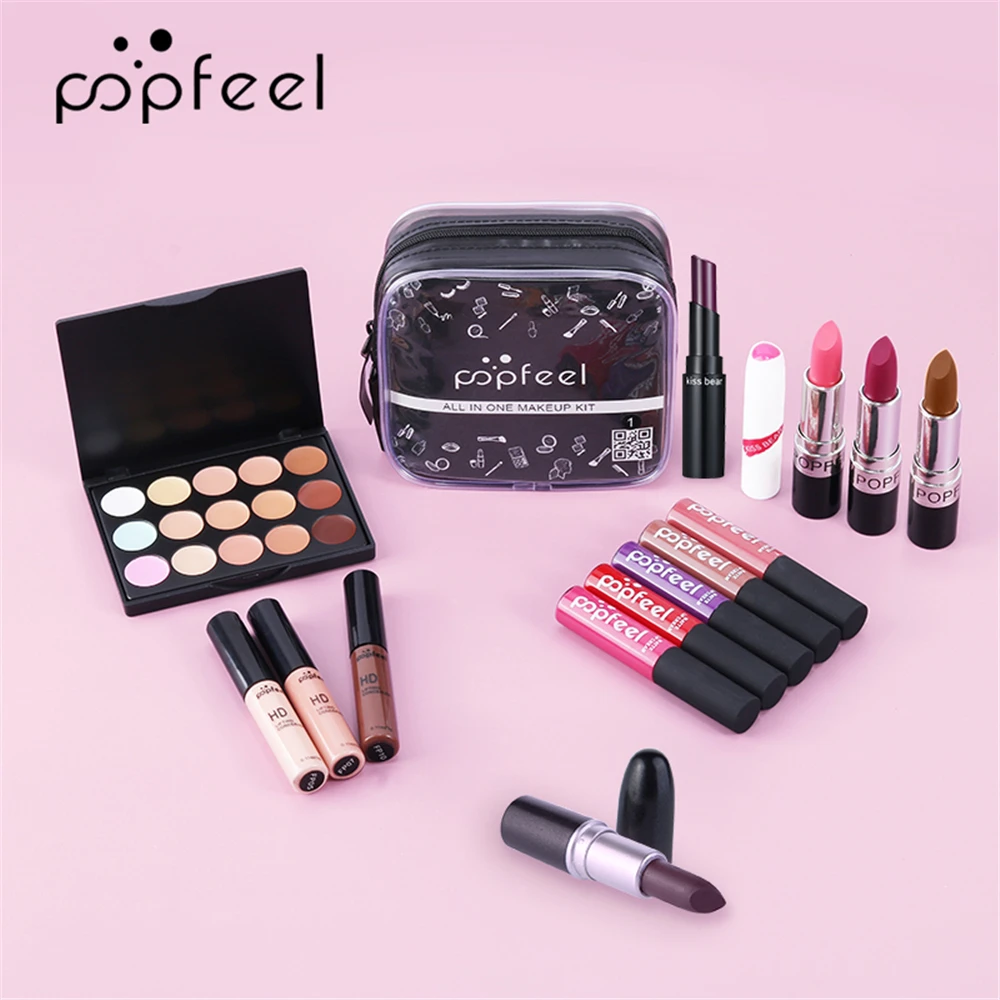POPFEEL все в одном набор для макияжа (тени век блеск губ помада кисти брови консилер)