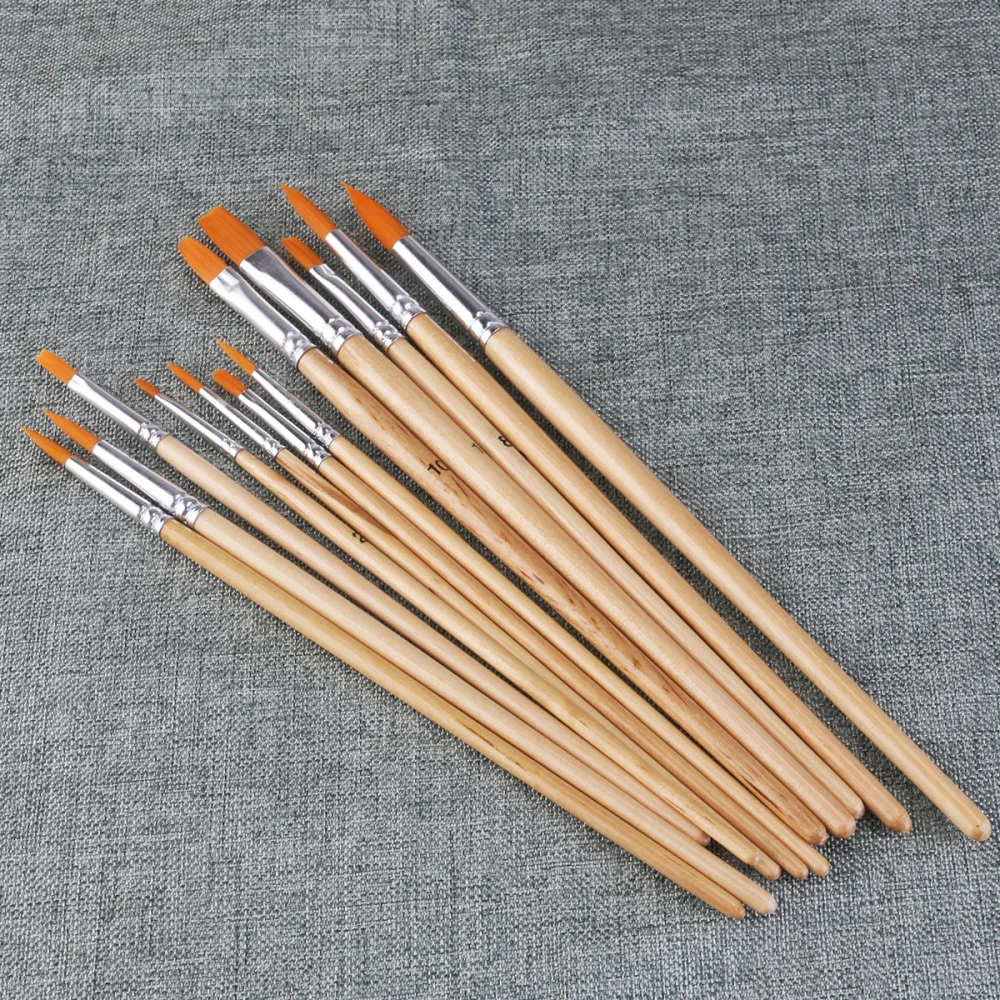 

12pcs Nylon Hair Paint Brush Set Artist Watercolor Acrylic Oil Painting Supplies Round Pointed Tip & Flat Nylon Hair
