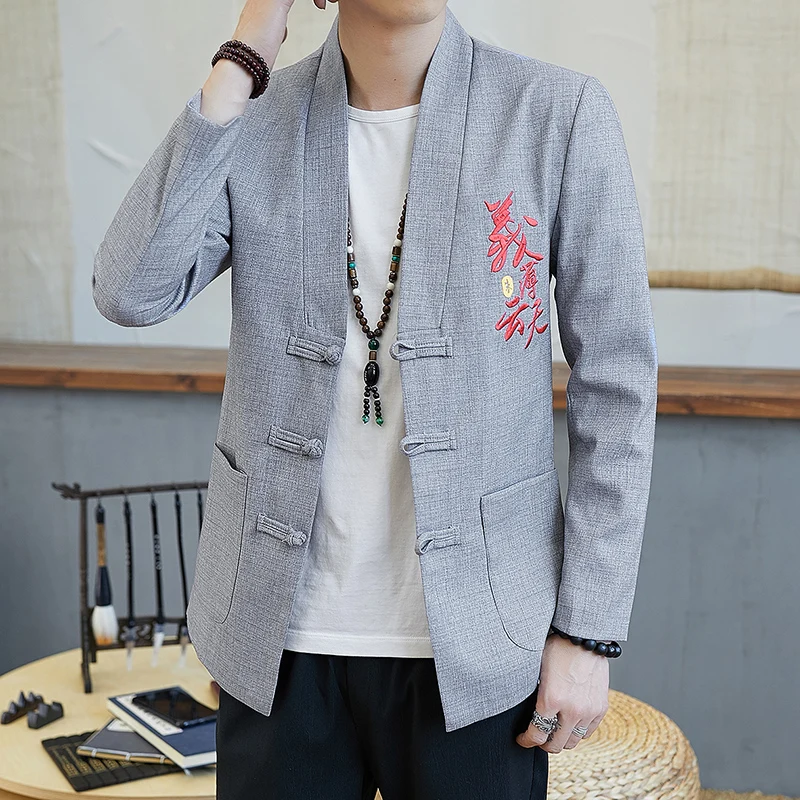 

Мужская винтажная куртка-бомбер в традиционном китайском стиле, повседневная однобортная куртка с буквенным принтом, уличная одежда для ос...