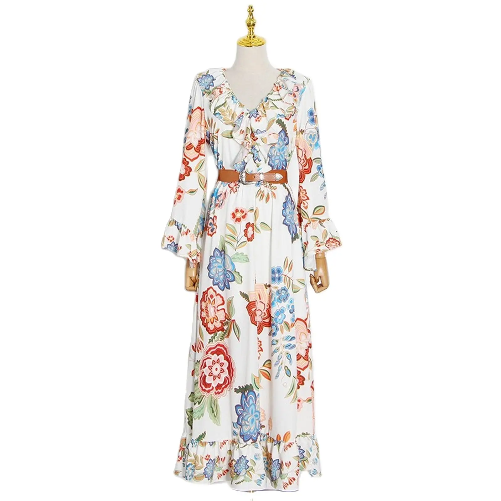 

2021 Hot Sell Spring New Temperament Retro Print Fashion Flounces Lead Beach Long Dress for Woman Skirt