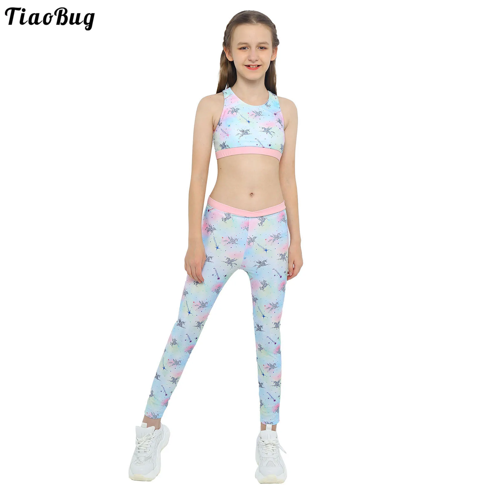 

TiaoBug 2Pcs Kids Girls Yoga Dance Suit U Neck Shoulder Straps Sleeveless Racer Back Keyhole Back Cartoon Stars Print Pant Sets