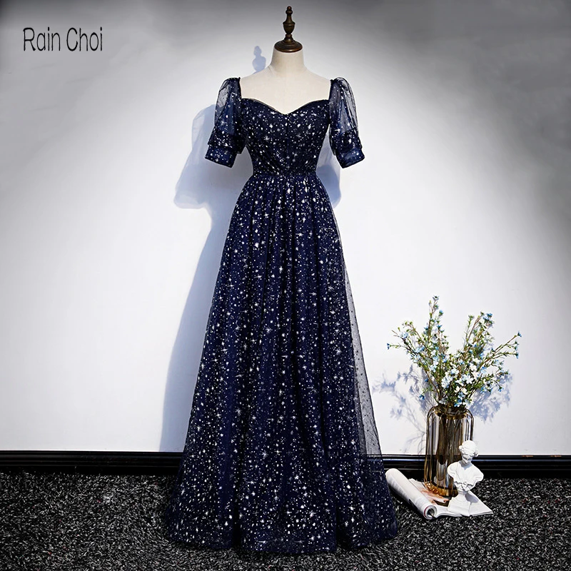 Вечернее платье темно-синее ТРАПЕЦИЕВИДНОЕ вечернее платье вечерние коротким рукавом вечернее платье для женщин