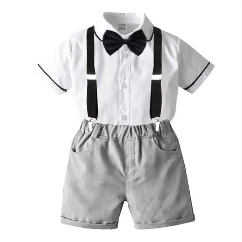 

Summer Children's Set Bow Short-Sleeved Shirt + Strap Shorts Suit Infant Gentleman Formal Birthday Wedding Party Cotton Clothing