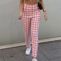 women summer high waist zipper straight chic pants 2021 female fashion pink plaid suit cotton sweet college style long trousers