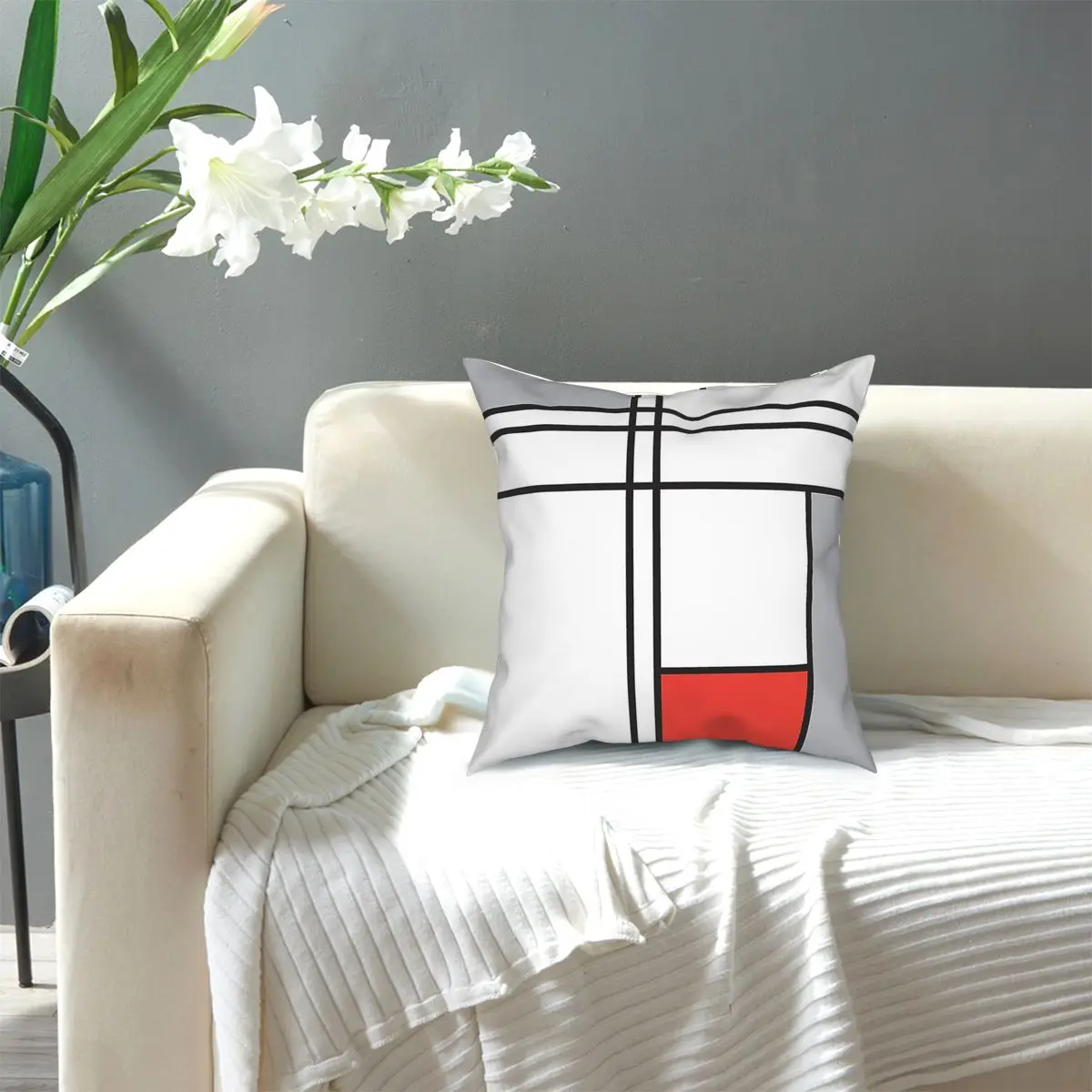 

Mondrian Abstract,Modern Geometric Pattern With Black Lines, Red, White Polyester Throw Pillow Creative Cushion Covers