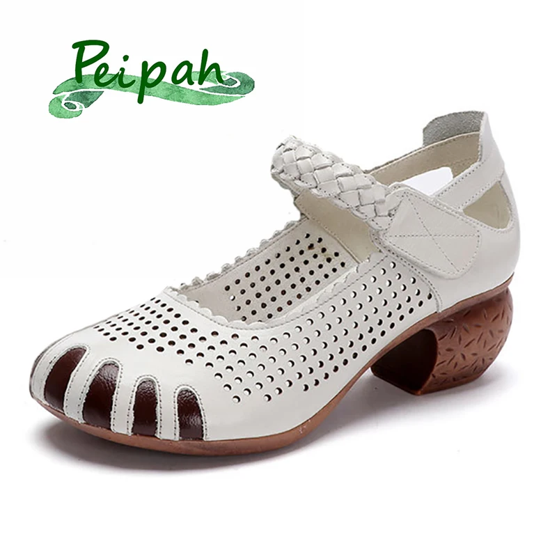 

PEIPAH Ethnic Platform Women's Sandals For Women Genuine Leather Shollow Out Summer Shoes Woman Cover Heel Casual Slide Footwear