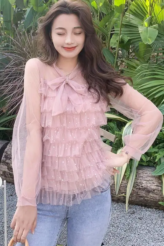 

Blouse Women Sequins Ruffle Mesh Cute young girl 2021 New chiffon Shirt Mesh Lace Stitching tie bow top Long Sleeve 621D
