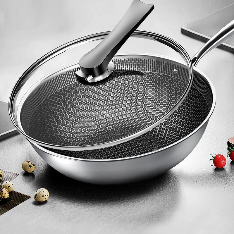 Stainless Steel Wok Non-stick Pan Full Screen Honeycomb Design No Lampblack Coating Frying | Дом и сад