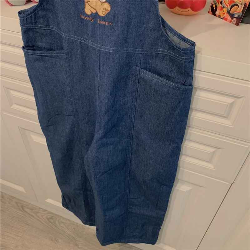 

New Harajuku Kawaii Childlike Cute Girl Denim Jumpsuits Female Embroidered Bear Cartoon Overalls Mujer