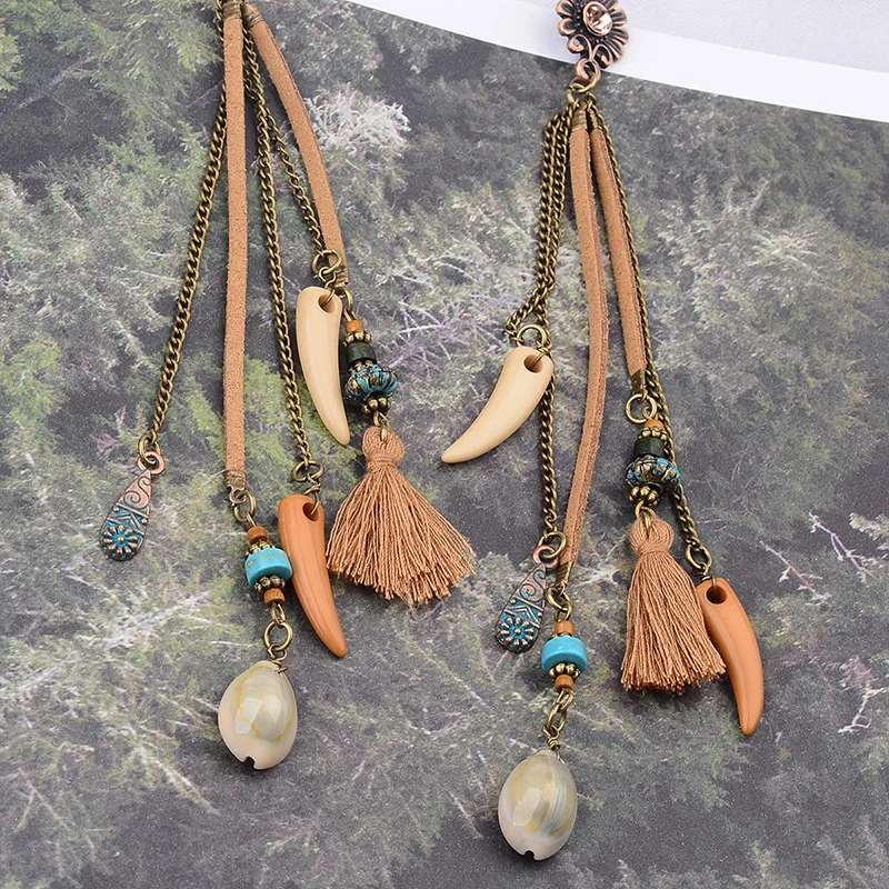 

Shell Horn Fashion Bohemian New style Sun flower Vintage Ear stud Women Earrings 1 pair Ear stud Long tassel
