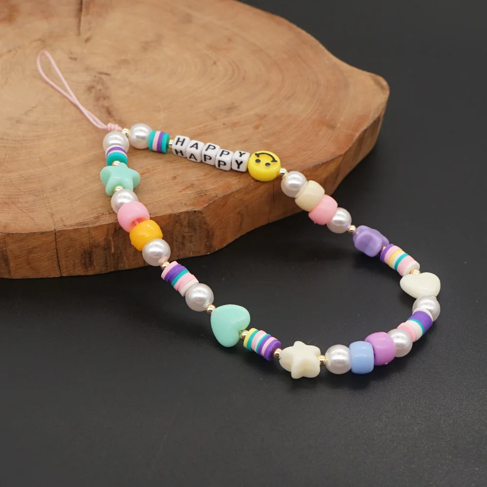 

Cute HAPPY Letters Colorful Soft Ceramic Gold Round Beads Imitation Pearl Stars Mobile Phone Chain Women's Jewelry Accessories