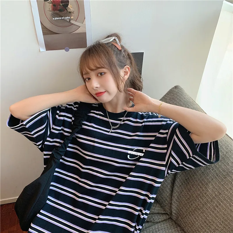 

Полосатая брендовая свободная футболка с круглым вырезом и коротким рукавом для девушек, Летний Новый Стиль, топ с пятью точками на рукавах ...