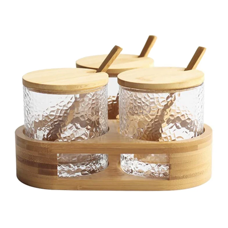 

Condiment Box Set,Spice Container Jars with Bamboo Lids and Spoons Glass Seasoning Box Set Kitchen Supplies Spice Rack