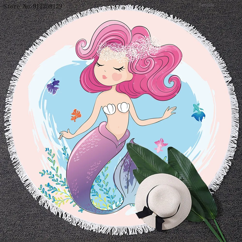 

Cartoon Of The Mermaid Round Tassels Beach Towel Sexy Lady Throw Blanket Yoga Matt Swim Cover Cloth Beautiful Round Beach Towel