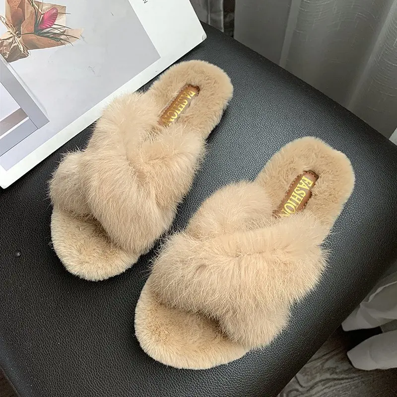 

Low Shoes Home Slippers Women's Flock Slides Pantofle Fashion Fur Flip Flops Massage 2021 Flat Luxury Plush Rubber with fur Rome