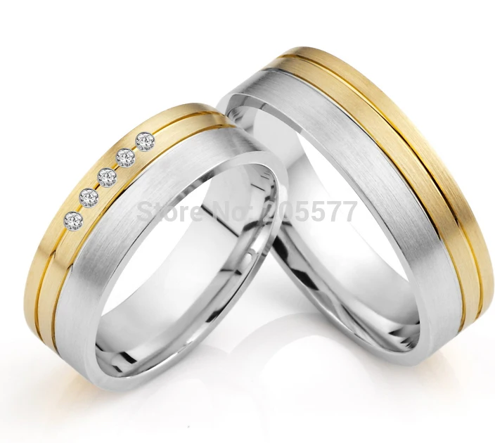 

custom tailor european style surgical stainless steel titanium fine wedding engagement couples rings sets with Gold plating